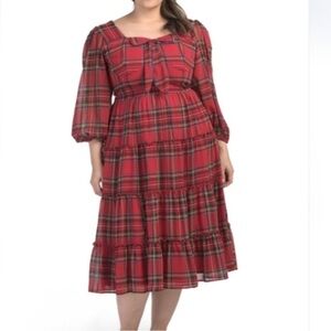 Ivy City Co Chiffon Red Plaid Midi Dress